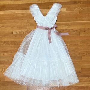 White Swiss Dot Tulle V-neck Dress with Pink Sash